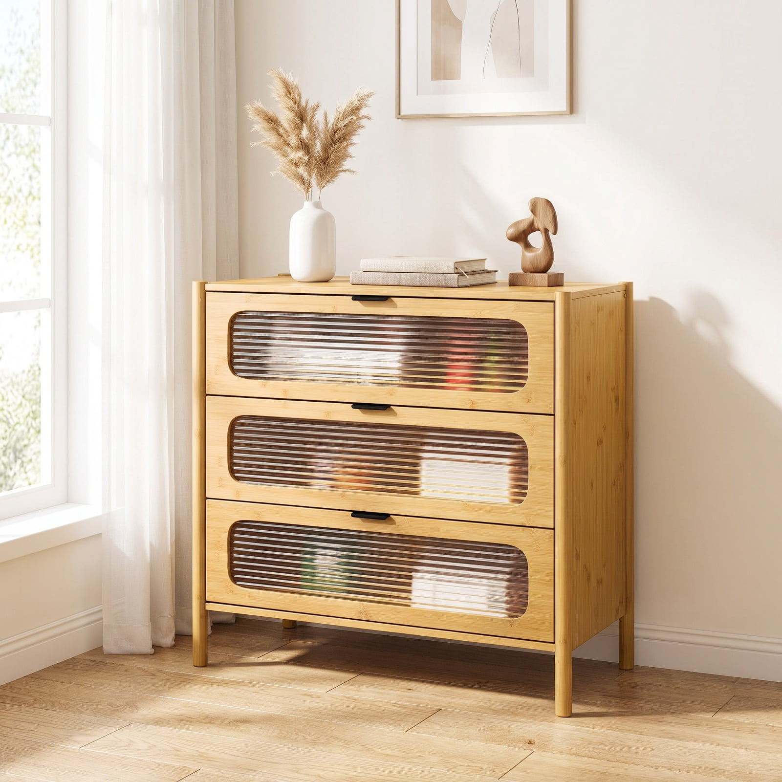 Furnibear 3 Drawer Mid Century Modern Chest of Drawers with Reeded Tempered Glass Front and Bamboo Frame for Bedroom Living Room, Natural