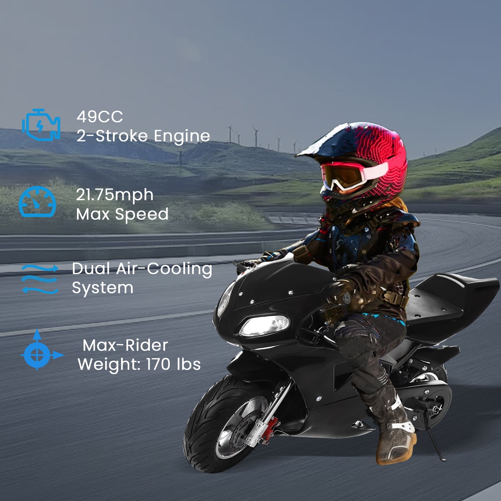 Bremoi 49cc 2 Stroke Pocket Bike,Gas Pocket Motorbike With Strong Dual Brake,Racing Max Speed 20Mph,Dual Headlights Mini Motorcycle For Kids 6-12 Years ,Black