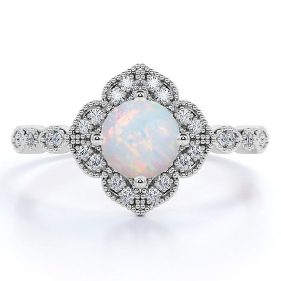 JeenMata Vintage 1.50 ct Round Cut Opal Halo Engagement Ring in 18k White Gold over Silver