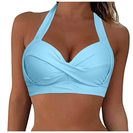 Hessimy Women Halter Bikini Top Push Up Swimsuit Top Retro Swim Top Twist Front Bathing Suit Top Only(Light Blue L)