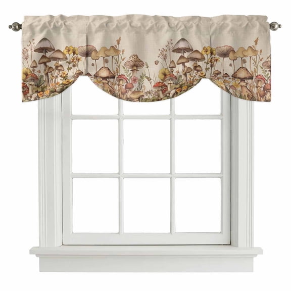 Mushroom Tie Up Valance Curtains for Windows, Kitchen Curtains Window Shades, Farmhouse Summer Botanical Floral Rustic Light Filtering Roman Curtain Valances for Bedroom/Bathroom/Cafe 42"x12"