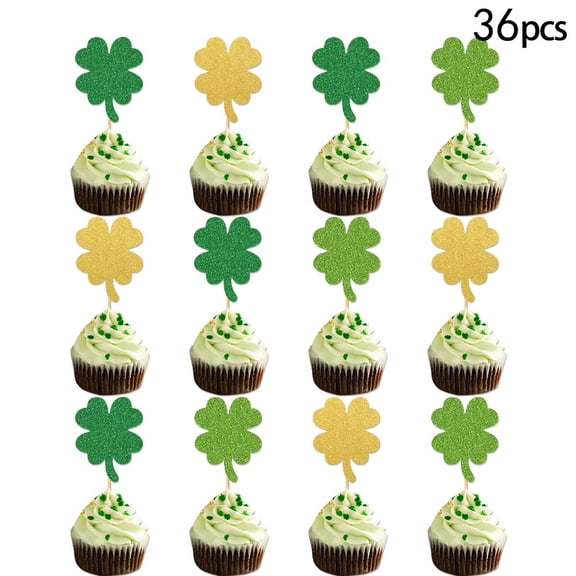 St. Patrick's Day Shamrock Cupcake Toppers - Green and Gold Four-Leaf Clover Dessert Picks, perfect for parties 36PCS