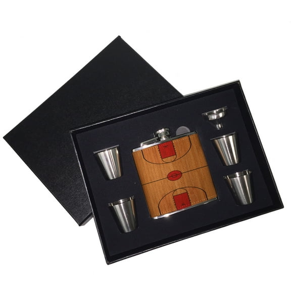 KuzmarK 6 oz. Leather Flask Set in Black Presentation Box -  Basketball Court