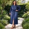 thumbnail image 3 of Deep Blue Plus Size Denim Dress for Women, Lapel Button Front Belted Maxi Dress for Work and Casual, 3 of 5