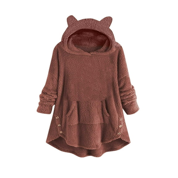 Scyoekwg Long Sleeve Shirts for Women Winter Warm Fleece Hoodies with Pocket Tshirt Dressy Casual Blouse Loose Lightweight Solid Color Tops for Women Trendy Pullover (Brown,XXL)