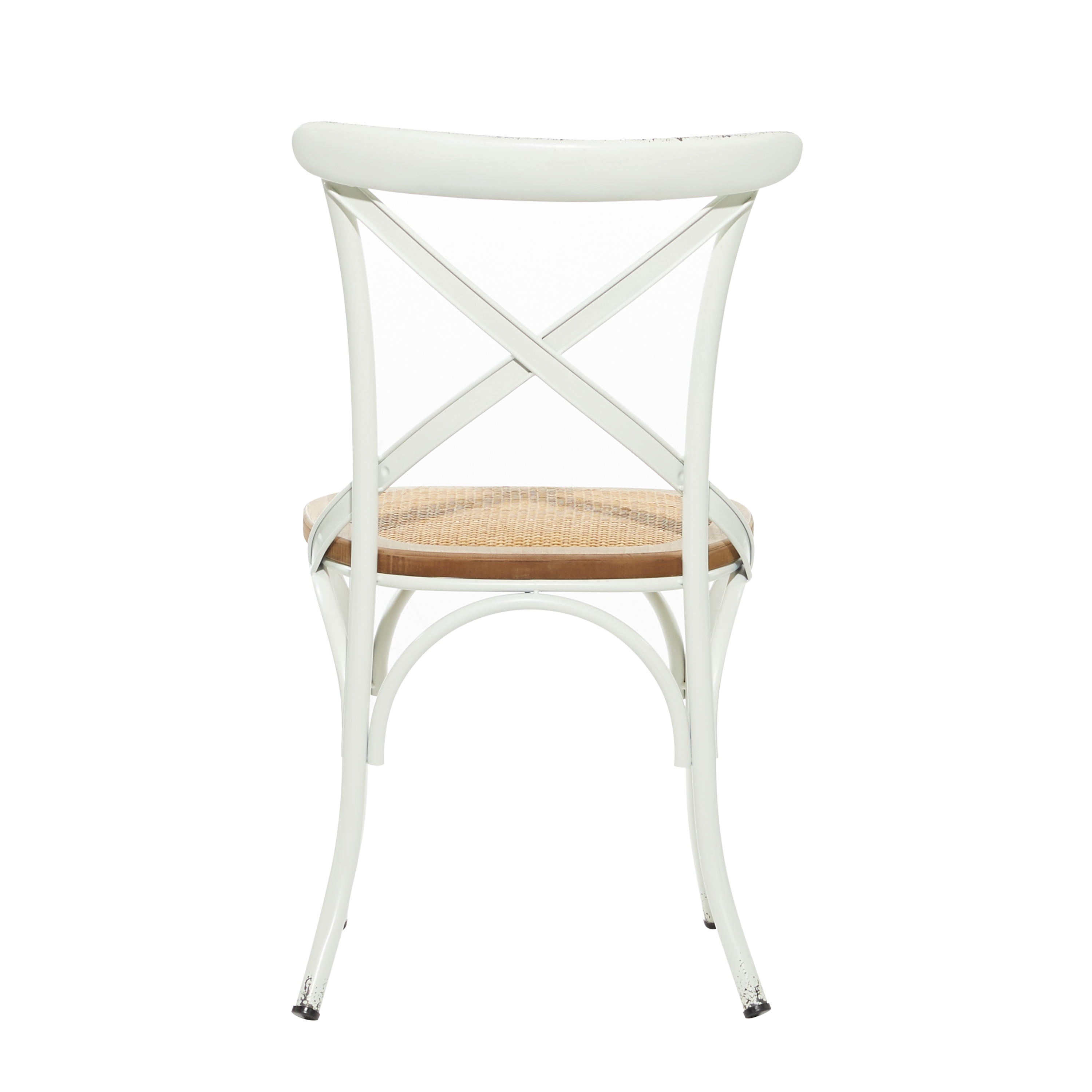 DecMode Metal Dining Chair with Brown Rattan Seat, Set of 2, White