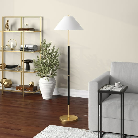 Simona 2-Light Floor Lamp with Fabric Shade in Matte Black/Brass