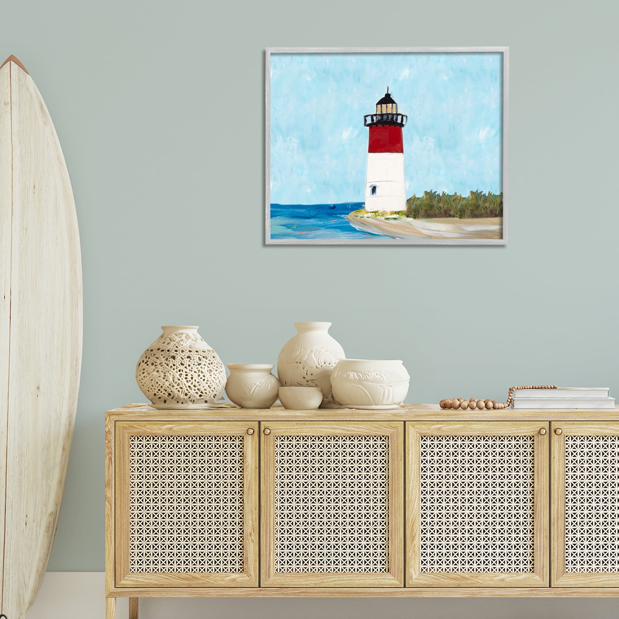 Stupell Industries Coastal Lighthouse on Blue Coastal Painting Gray Framed Art Print Wall Art, 30 x 24