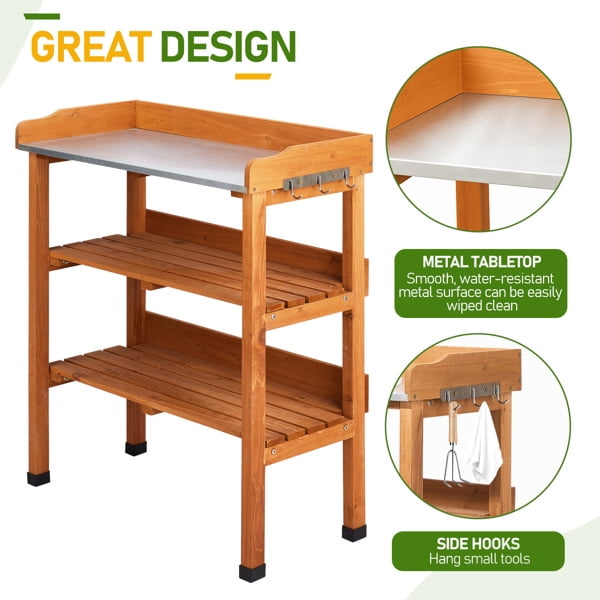 Outdoor Garden Potting Bench Table, Wooden Horticulture Planting Worstation with Metal Tabletop, 2 Storage Shelves, 3 Hooks, Natural Wood