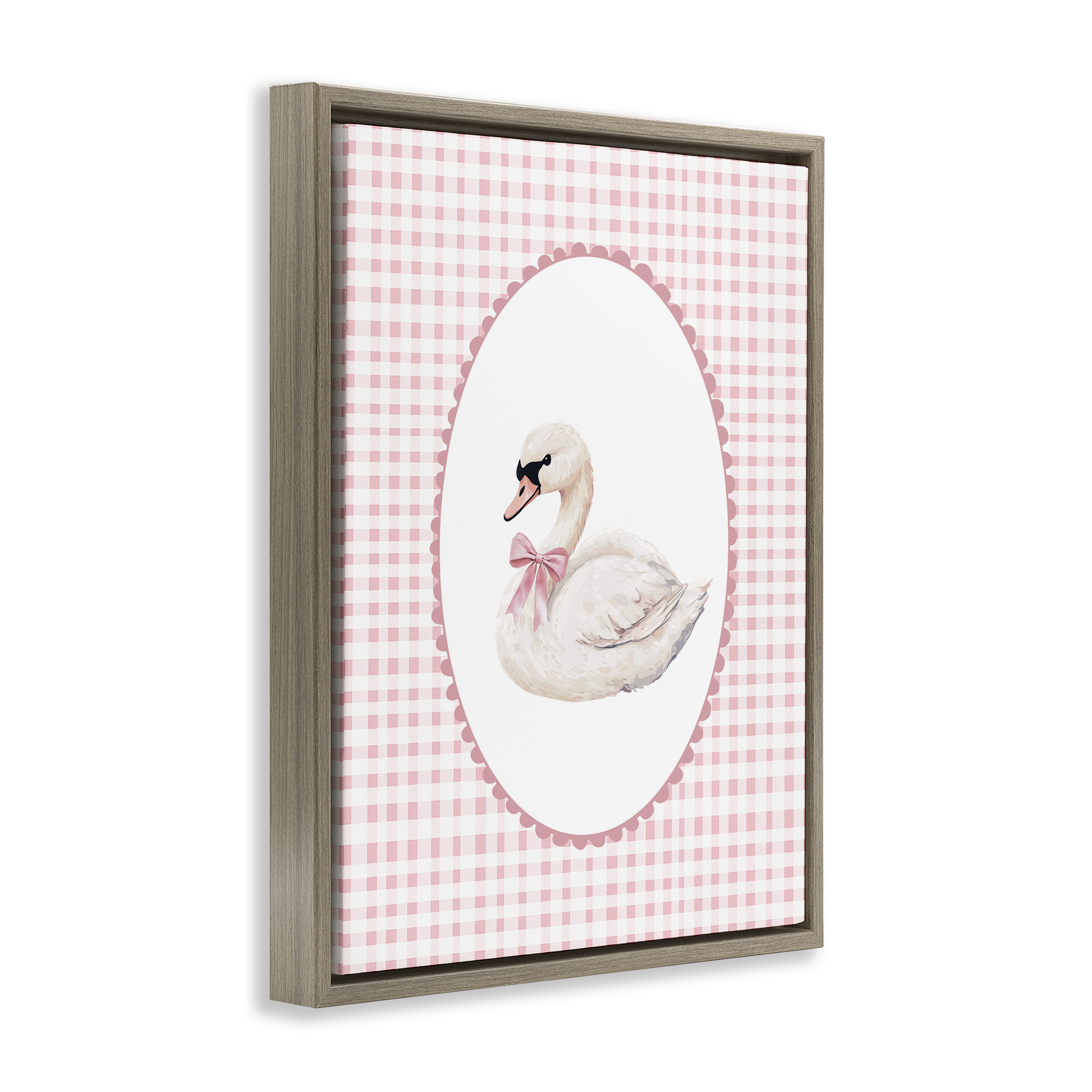 Gentle Swan on Pink Checkered Brown Framed Floater Canvas Wall Art, design by Christine Simpson Art