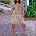 thumbnail image 2 of Robes d'Été pour Femmes Mode Imprimée Col en V Confortable Manches Courtes Longueur Genou avec Poches Robe de Printemps Kaki L, 2 of 4