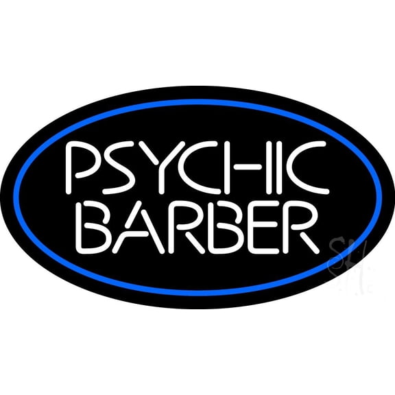 White Psychic Barber With Blue Border LED Neon Sign 13 x 24 - inches Black Square Cut Acrylic Backing, with Dimmer - Bright and Premium built indoor LED Neon Sign for Storefront.