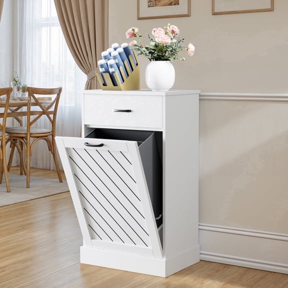 Tilt-Out 17 Gallons Hidden Garbage Trash Can Cabinet, Hidden Kitchen Trash Cabinet with Storage Drawer, Pet-Proof Wooden Garbage & Recycling Cabinet for Kitchen, Laundry & Living Room, White