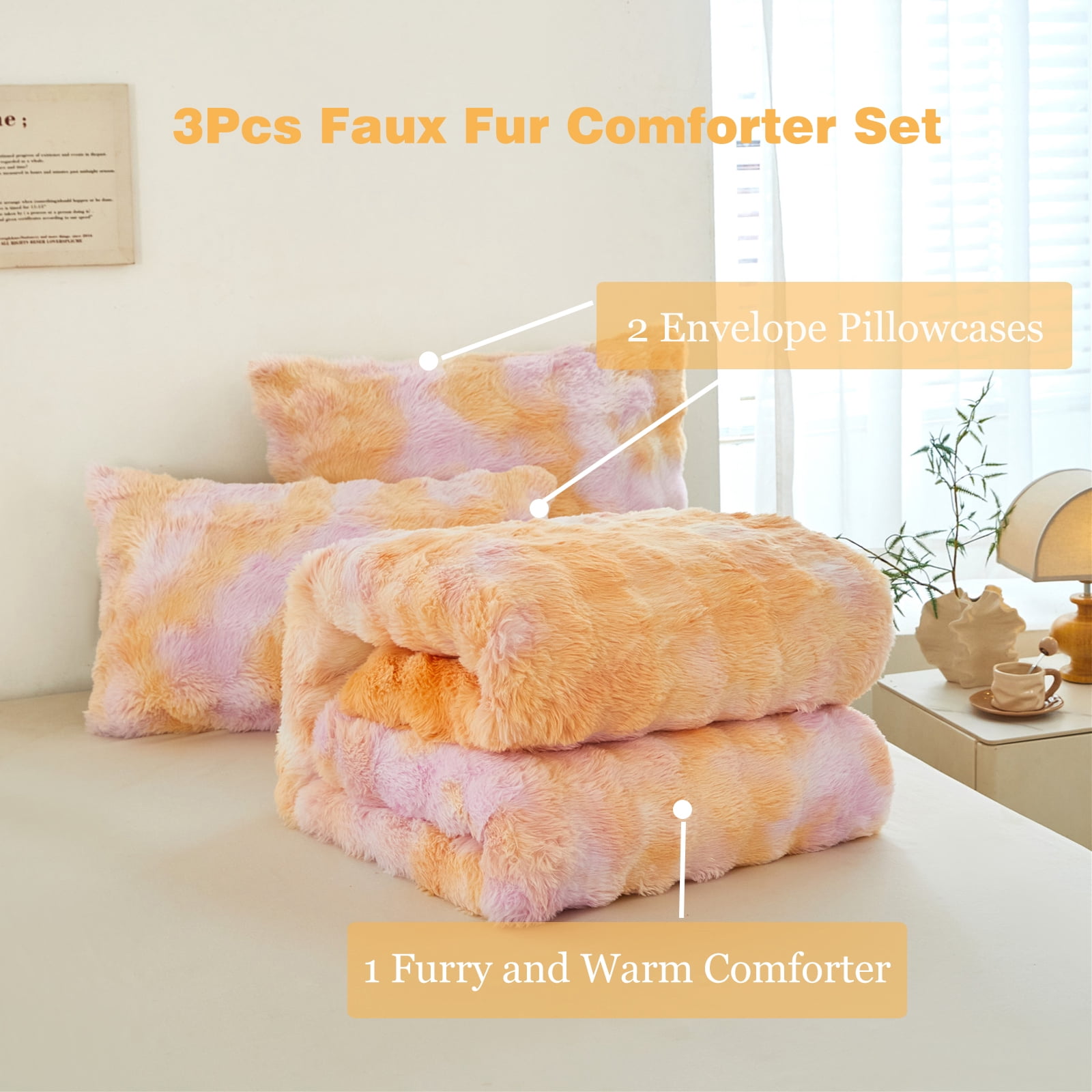RYNGHIPY Faux Fur Comforter Set Twin for Girls 3Pcs Pink Orange Bubble Bedding Set Tie-Dye Fuzzy Plush Bed Comforter Set for Winter