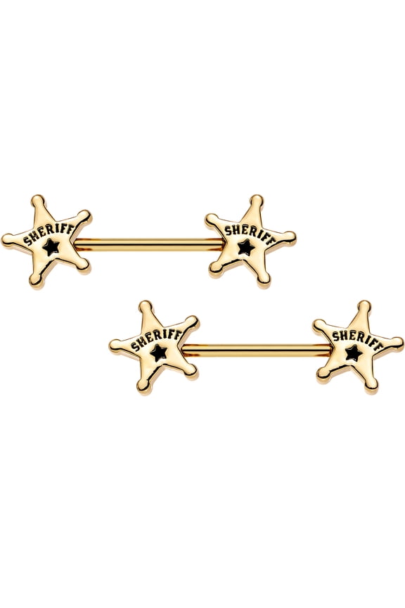 Gold Plated Stainless Steel Sheriffs Badge Barbell Nipple Ring Set of 2 14 Gauge 5/8"