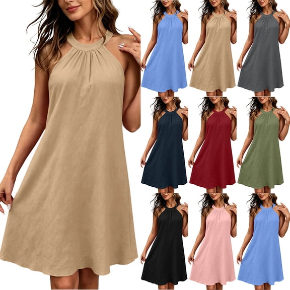 Women's Halter Neck Sleeveless Mini Dress Casual Loose Fit A Line Short Dress Lightweight Summer Sundress Beach Vacation Outfit Wine