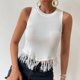 thumbnail image 5 of Blusa sin mangas Ticfox con Cuello redondo y empalme con borlas delanteras para mujer Blanco S, 5 of 11