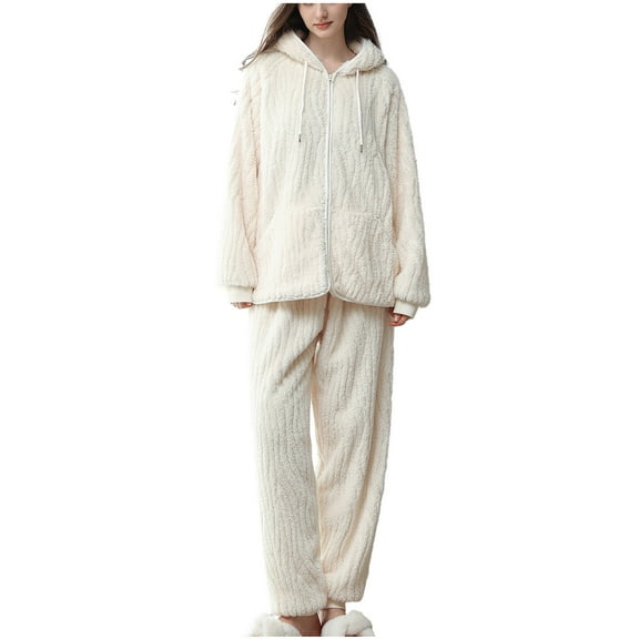 HAiming Womens Fuzzy Pajama Set Plush Long Sleeve Zip up Hooded and Pants Sleepwear 2 Piece Pjs Casual Cozy Loungewear