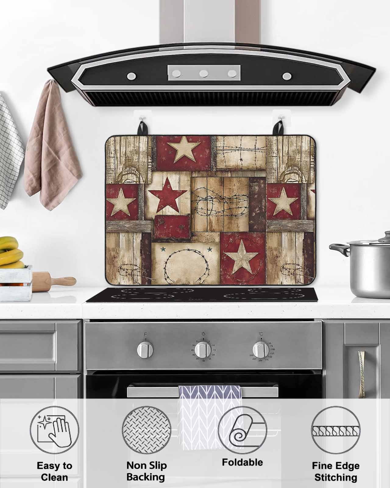 nqOlkjepod Large Induction Cooktop Protector Mat 24"x21", Texas Star Farm Stove Top Covers for Electric Stove, Country Wood Grain Vintage Western Stove Burner Cover Mats, Glass Top Stove Cover