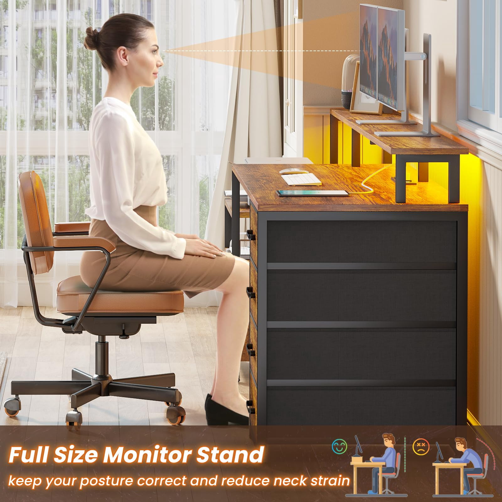 SEDETA 66" Computer Desk with File Drawer & Power Outlet, Home Office Desk with 5 Drawer and Storage Shelves, Printer Cabinet and Monitor Shelf, Gaming Desk with Led Lights, Rustic Brown