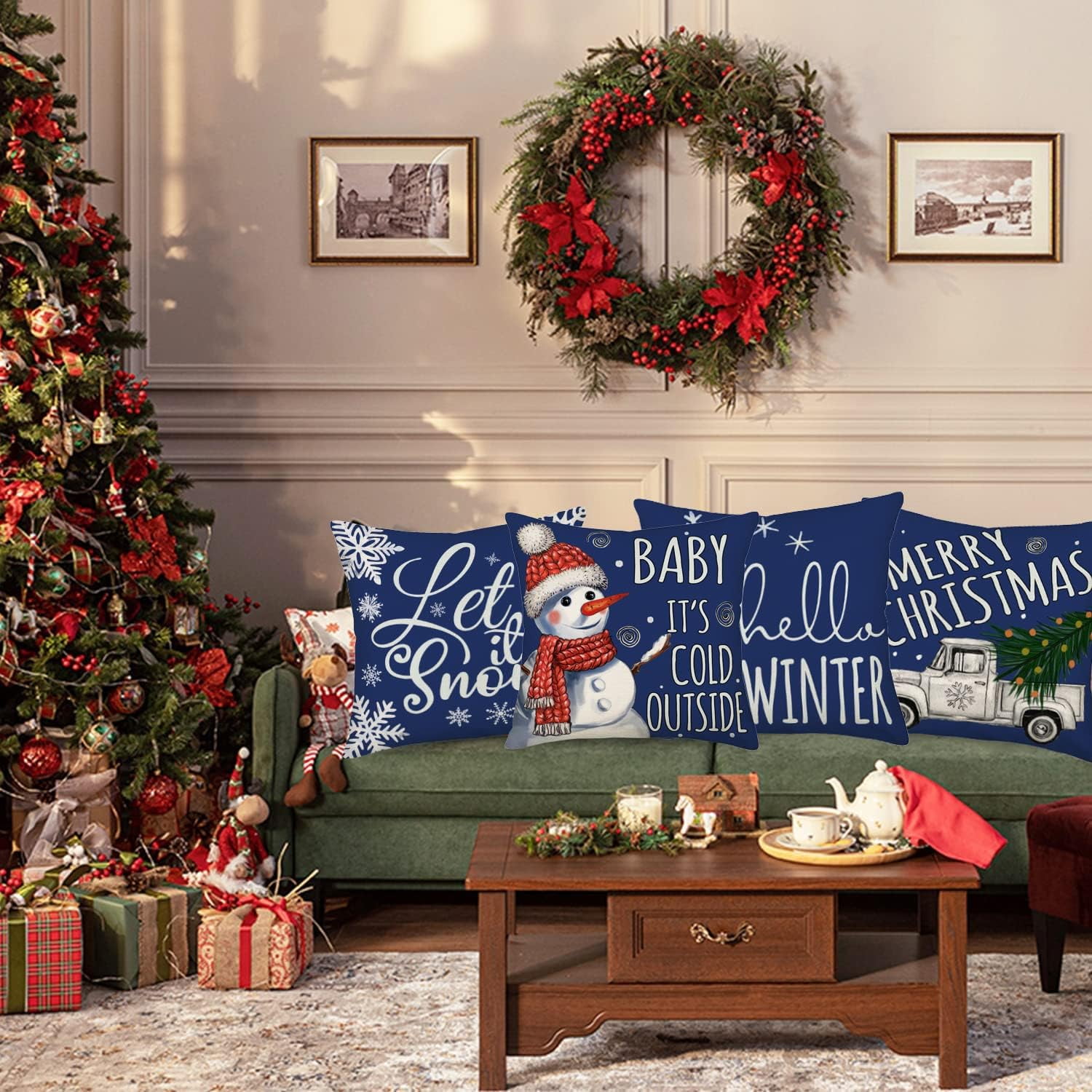 Winter Christmas Pillow Covers 18x18 Inch Silver Truck Snowflake with Blue Farm Xmas Tree Snowman Baby It’s Cold Outside Let it Snow Throw Pillow Cases New Year Decor Set of 4 Cushion Cover