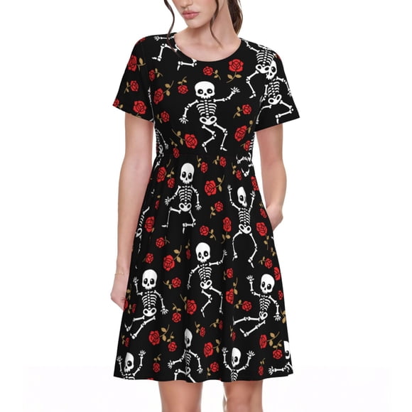 Saiise Skeleton with Roses Pattern Summer Dresses for Women Casual Tshirt Short Sleeve Floral Sundress Beach Cover Ups with Pockets