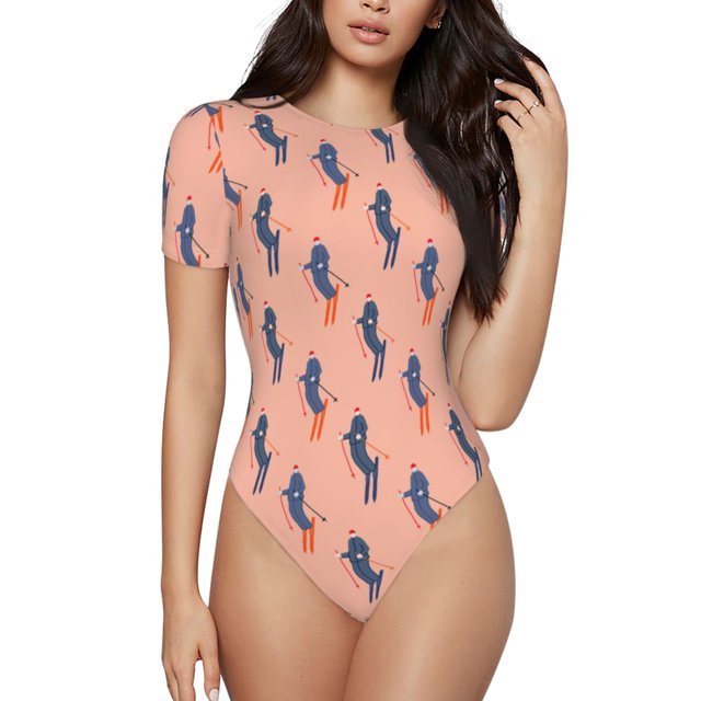 Bingfone Winter Skiing Adventure Pattern Women's Round Neck Bodysuit, Tight Snap Button Short Sleeve Bodysuit, Suitable for Party, Sports, Daily Wear-X-Large