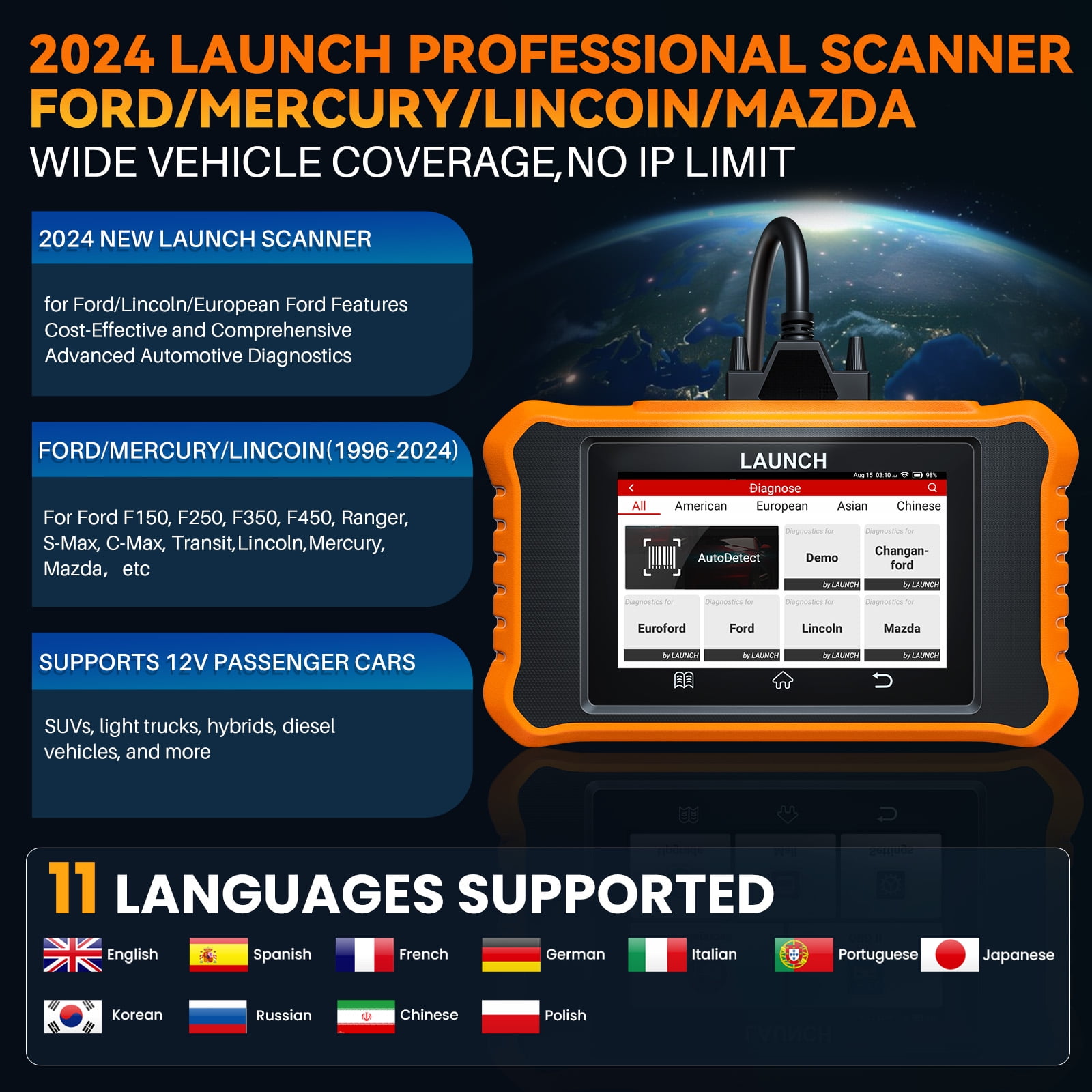 LAUNCH Creade Elite 2.0 OBD2  X431 Car Scan Tool Fit for Ford Lincoln Mercury Mazda,2024 New Upgrade Bi-Directional Control Diagnostic Scanner,Full System,All Resets,AUTO VIN