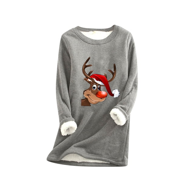 Sudadera de lana gruesa a la moda con estampado navideño para mujer, ropa interior cálida de terciopelo con cuello redondo Pompotops gfhjh11137