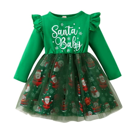 

nsendm Infants Pants Girls Infant Girls Child Christmas Long Sleeve Snowman Prints Tulle Dresses Toddler Girl Jumper Green 3-4 Years