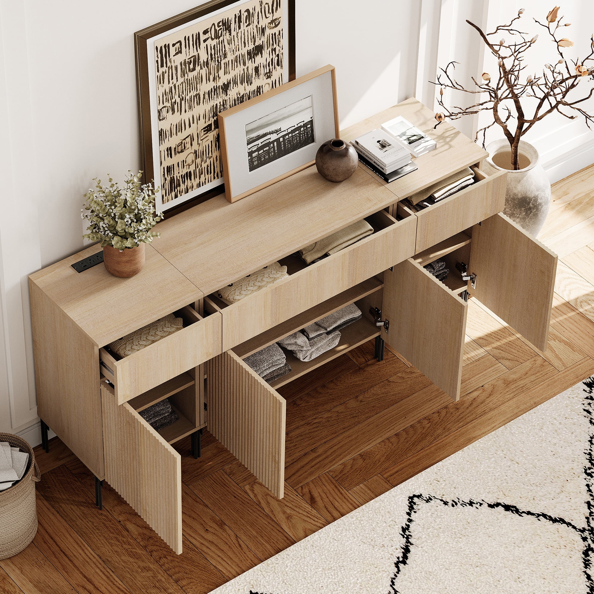 63" Modern Wood 3-Drawer Dresser with Reeded Design, Minimalist Dresser Organizer Storage With Charging Station for Bedroom,Living room, Entryway