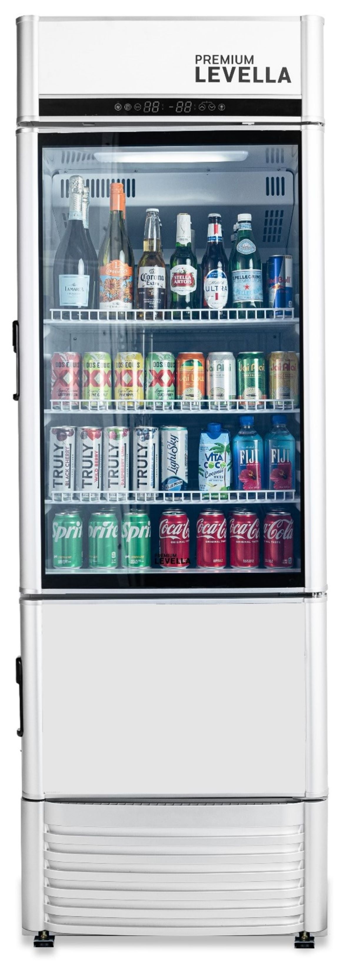Premium Levella PRFIM1256DX Single Glass Door Merchandiser Refrigerator-Freezer with Automatic Ice Maker Display Beverage Cooler-12.5 cu ft-Silver
