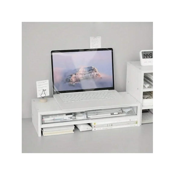 1pc Wooden Single-Layer Desktop Computer Riser.White Simple Office Storage Rack, Drawer Type Multifunctional Desktop Monitor Stand Simple Desk Pc Rise