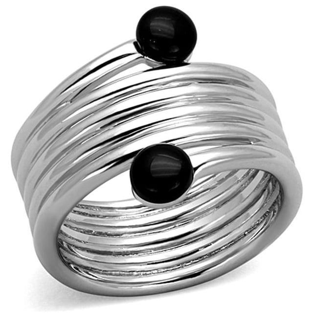 Alamode 3W602-8 Women Rhodium Brass Ring with Synthetic in Jet - Size 8