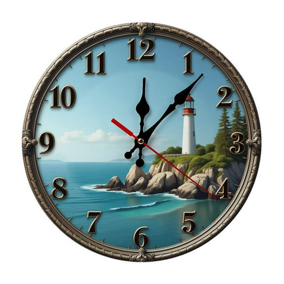 Scenic Beach Lighthouse Wall Clock 10 Inch Silent Non Ticking Round Clock Decoration for Living Room Kitchen Bedroom Bathroom Office Classroom