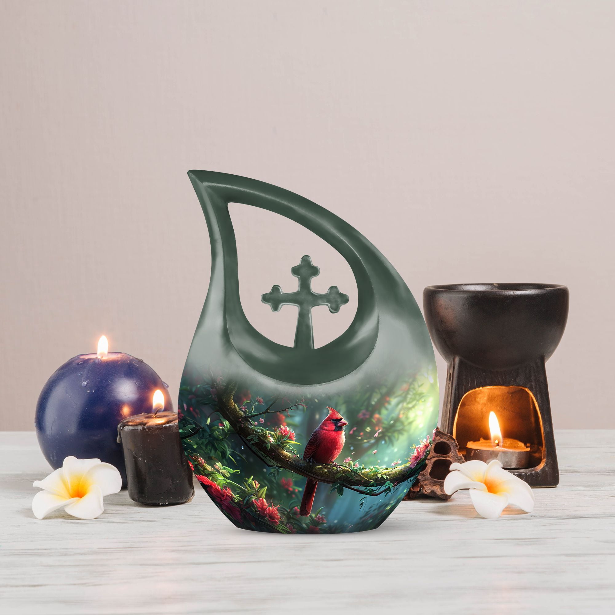 MUKTIVE Red Cardinal Bird in Jungle Combo Sets Memorial Urns for Human Ashes Adult Female, Cremation Urn for Adult Man & Women Ashes, Funeral Burial, (1 Large 10 ", 4 Keepsake 3 ")