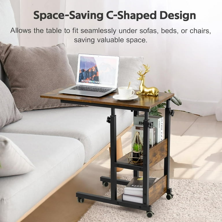 Hadulcet C Shaped Side Table Adjustable Height Adjustable C Table with Wheels and Storage Shelves for Couch Bed Recliner Rustic Brown Walmart