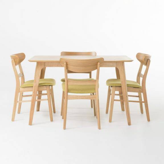 GDF Studio Dimick Mid Century Modern Fabric Upholstered Wood 5 Piece Dining Set, Green Tea and Oak