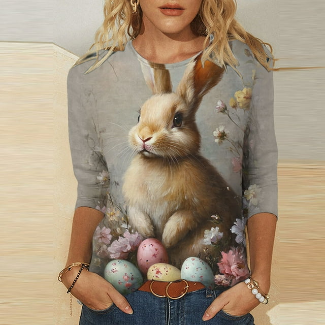 cllios Tunique à Manches 3/4 pour Femmes, T-Shirts de Pâques pour Femmes, Grande Taille, Col Rond, T-Shirts Graphiques Floraux Rétro avec Lapin et Œufs, Cadeaux de Pâques pour Femmes