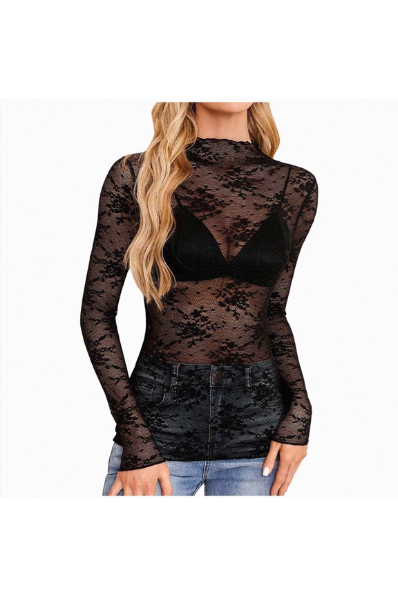 Lace Tops for Women Sexy Sheer Long Sleeve Shirts Going Out Blouses | Lace undershirt,sheer top,country concert outfit,trendy clothes,fashion clothing,fall blouses Black M