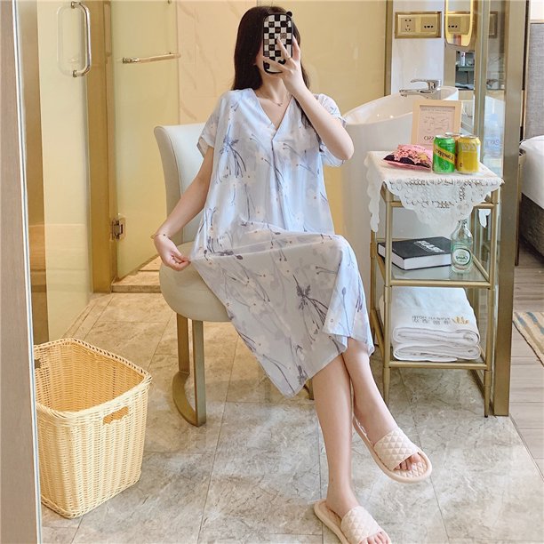Camisón de seda de algodón para mujer, pijama de verano de manga corta con estampado de dibujos animados, estilo de talla grande, suelto, de seda de algodón, ropa de casa fina