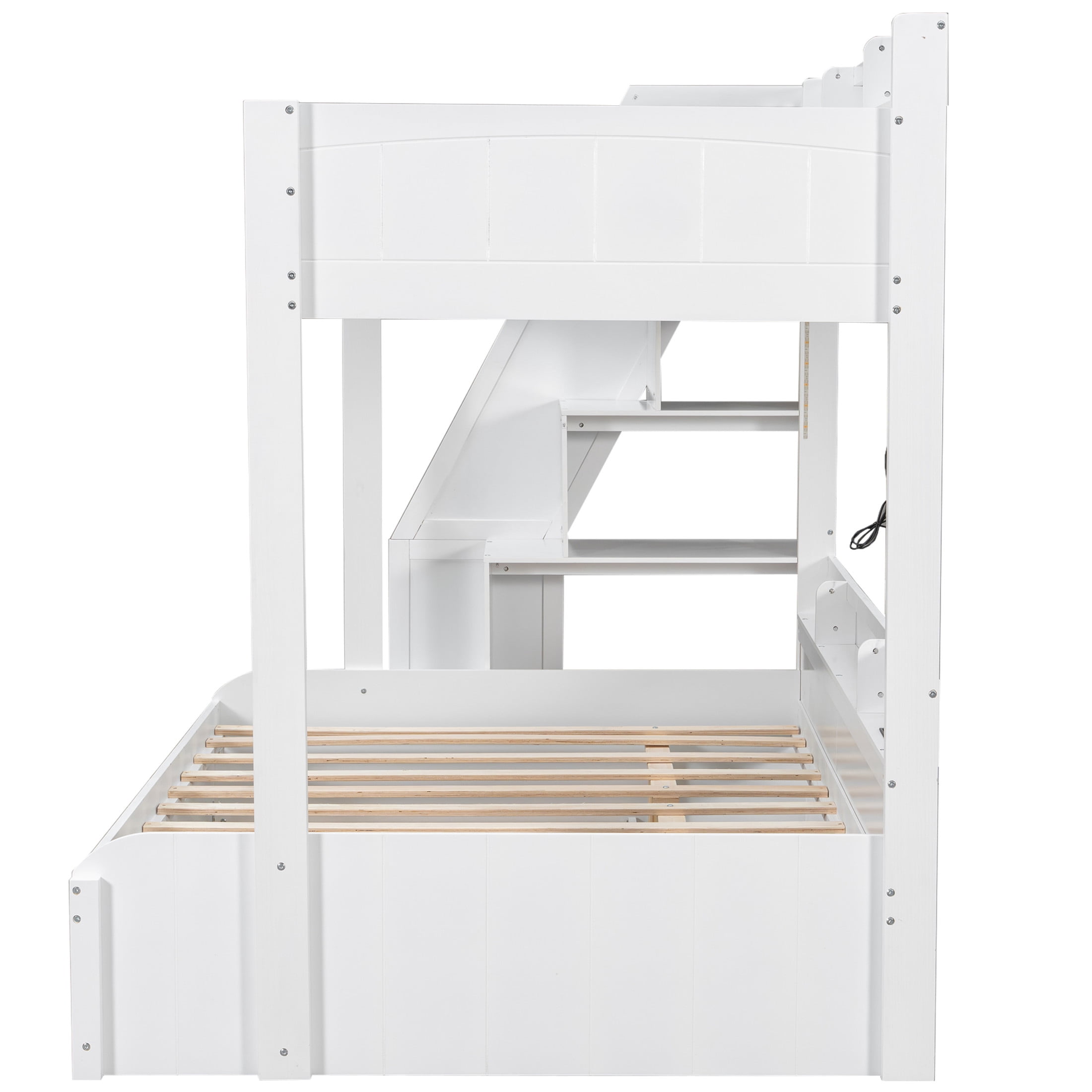 Noble House Aldorin Twin over Full Bunk Bed with Storage Staircase and Trundle, LED Light and Charging Ports, White