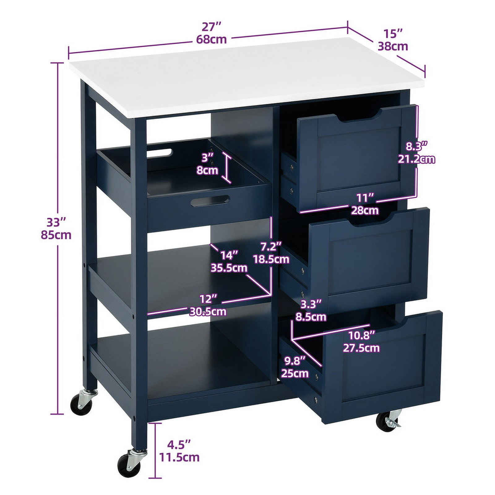 Dextrus Kitchen Island Cart, 26.4"L Kitchen Storage Cart with Shelves & Drawers, Blue