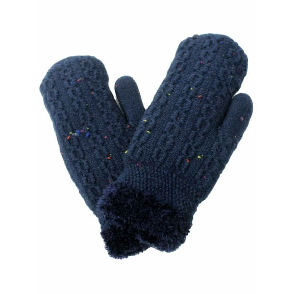 David & Young Womens Chunky Navy Blue Speckle Confetti Knit Mittens Sherpa Lined