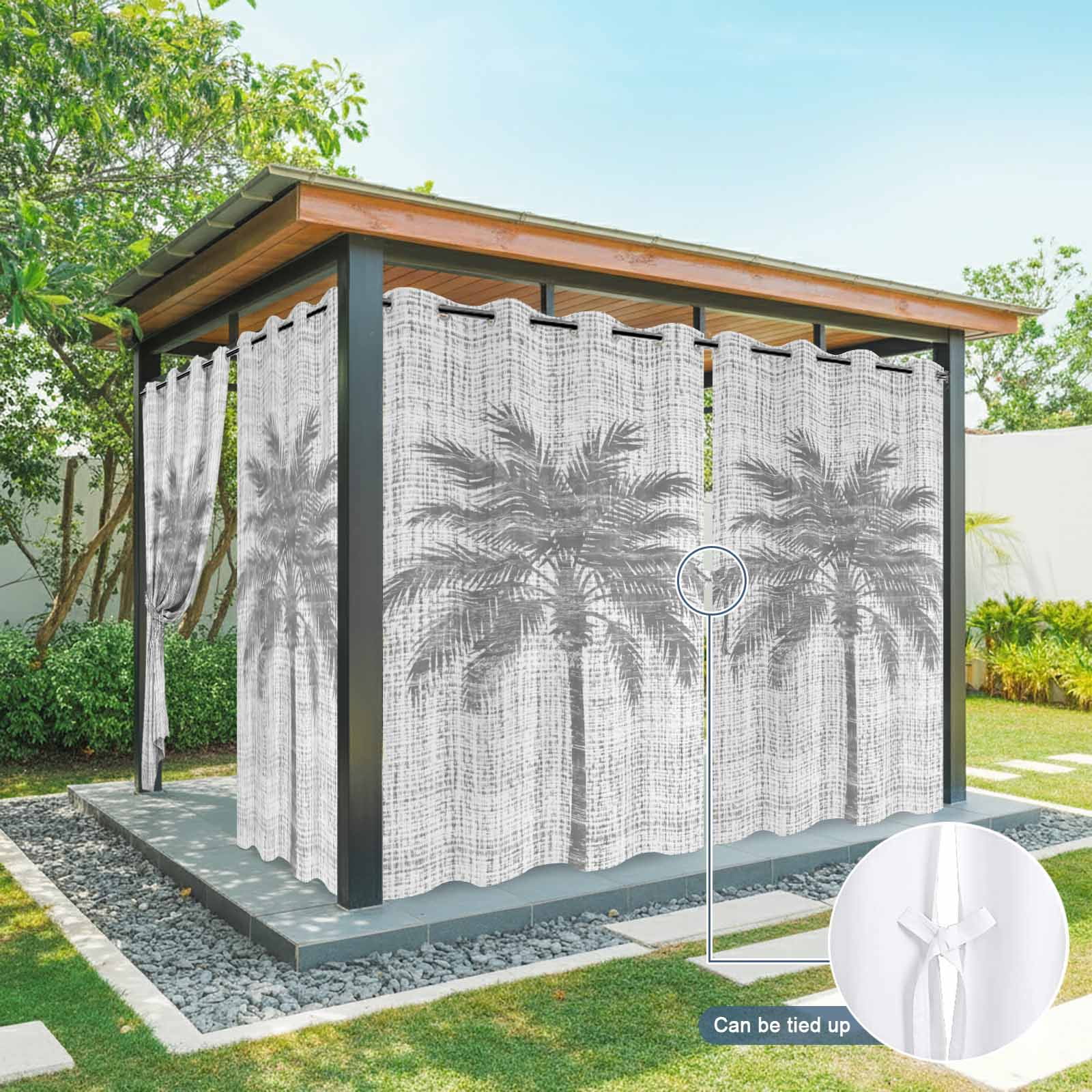 Gray Palm Tree Outdoor Curtains for Patio, Country Linen Texture Tropical Plant Vintage Sunshade Privacy Drapes Grommet Waterproof Outside Curtains for Porch/Cabana/Balcony 54"x 108", 1 Panel
