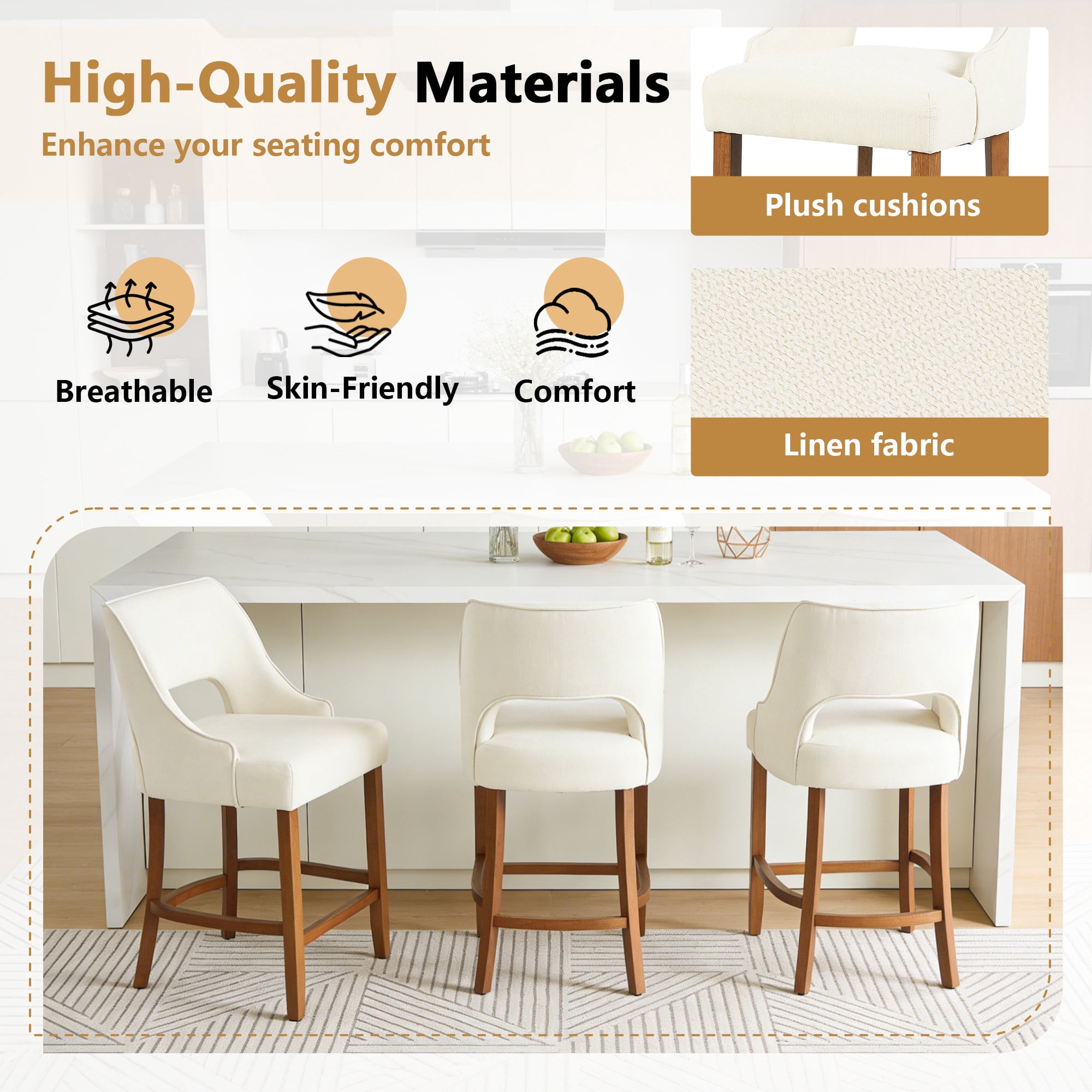 ClinQ Modern Counter Height Bar Stool Set of 2, Upholstered Seat with Back and Walnut Curved Footrest for Kitchen Island, Beige