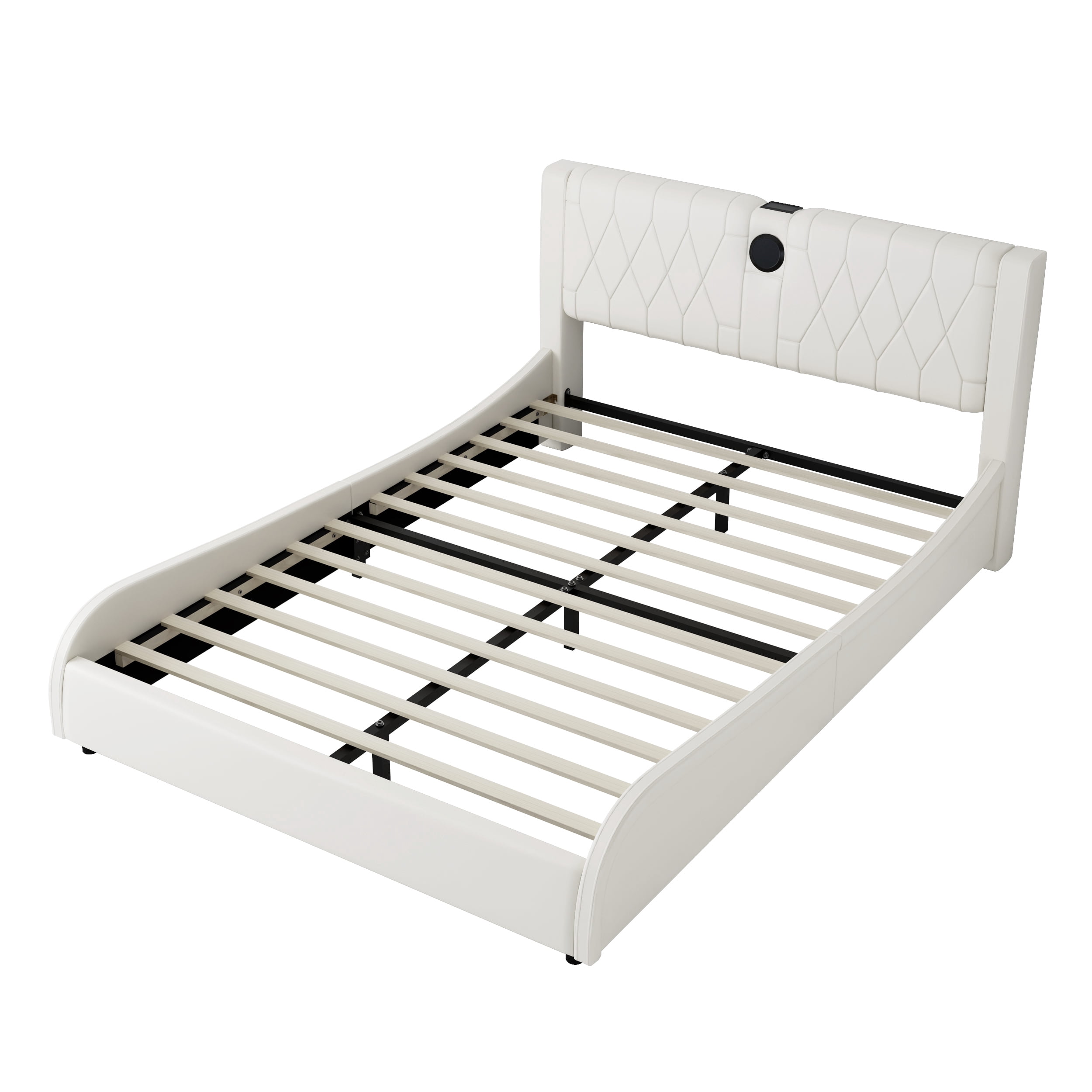 MAYEERTY Queen Faux Leather Platform Bed Thick Headboard Bluetooth RGB for Bedroom White