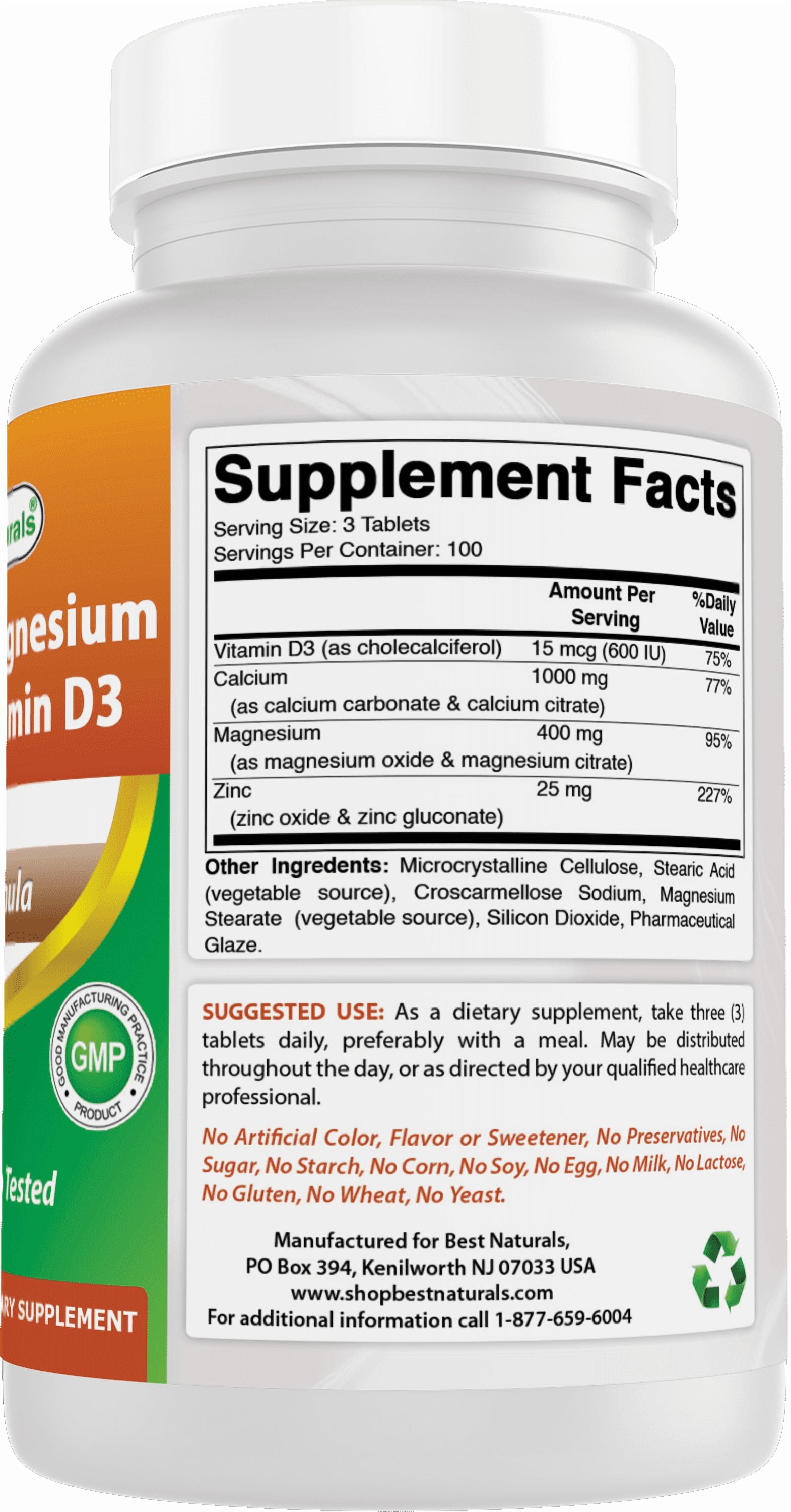 (2 pack) Best Naturals Calcium Magnesium Zinc with Vitamin D3, 300 Tablets - Calcium 1000 mg, Magnesium 400 mg, Zinc 25 mg & D3 600 IU per Serving (3 Tablets)