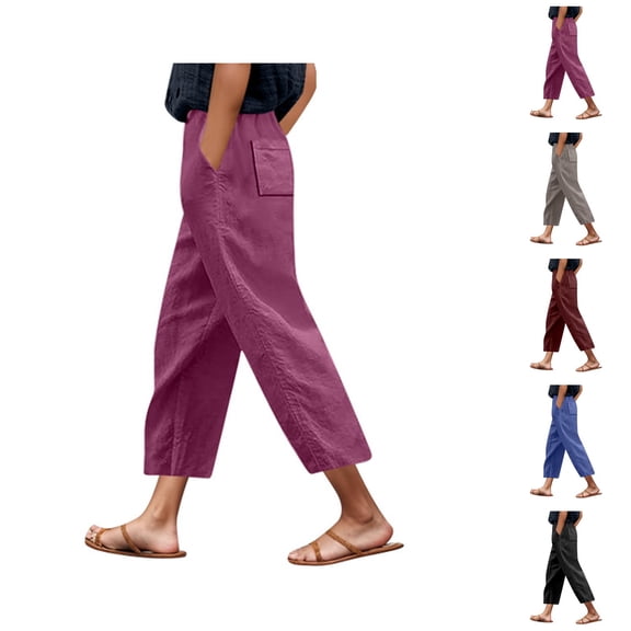 Capri Pants for Women Spring Summer Elastic Waist Relaxed Fit Straight Leg Linen Cropped Pants with Pockets