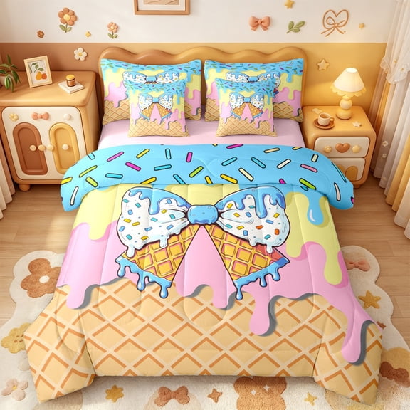 Manfei Watercolor Bowknot 7-Piece Twin Bedding,Drippy Ice Cream Pattern Bedding Comforter Set,Pink Reversible